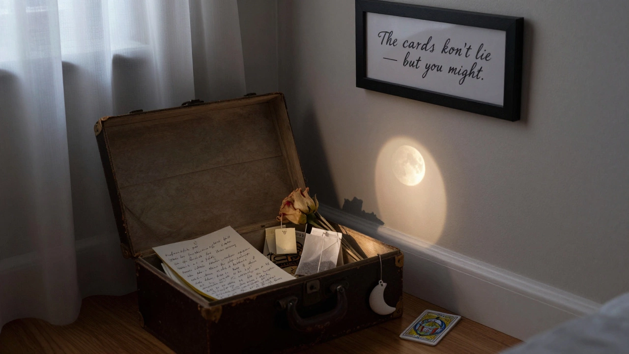A shoebox filled with tokens from tarot readings, bathed in moonlight beside a tarot deck in a quiet bedroom.