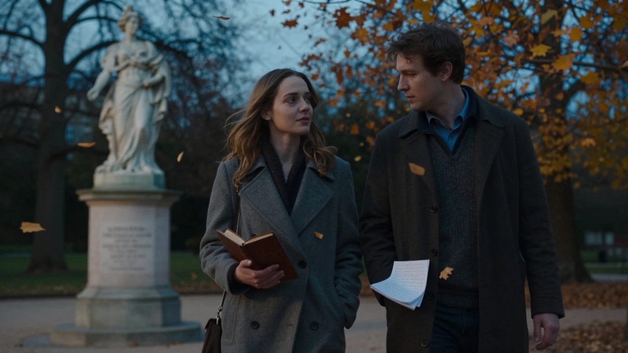 A woman and man walking peacefully through Luxembourg Gardens at sunset, autumn leaves falling around them.