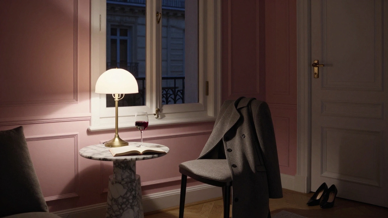 An empty yet lived-in Paris apartment with a wine glass, open journal, and coat left on a chair.
