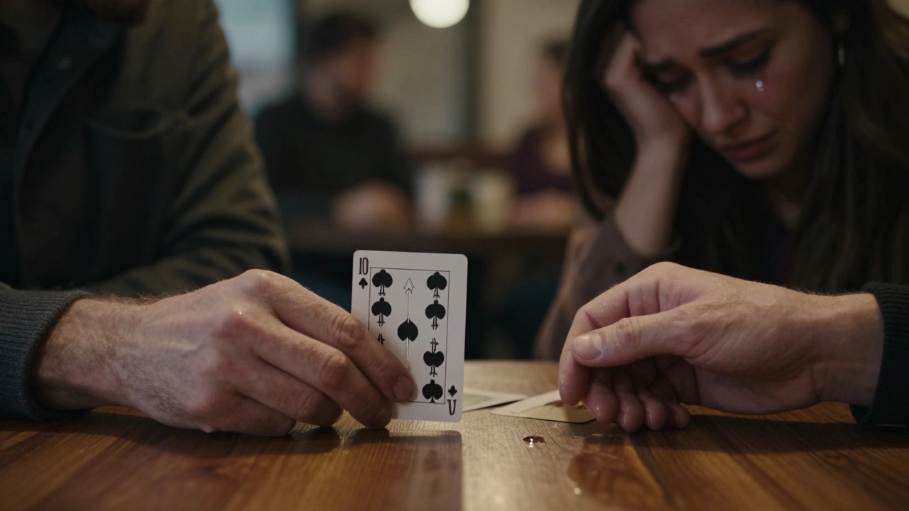 Trembling hands and the Ten of Swords card under soft café lighting, conveying a moment of emotional revelation.
